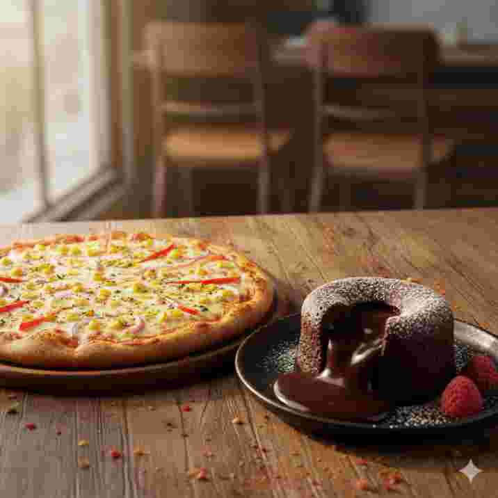 Corn Pizza and Choco Lawa Cake